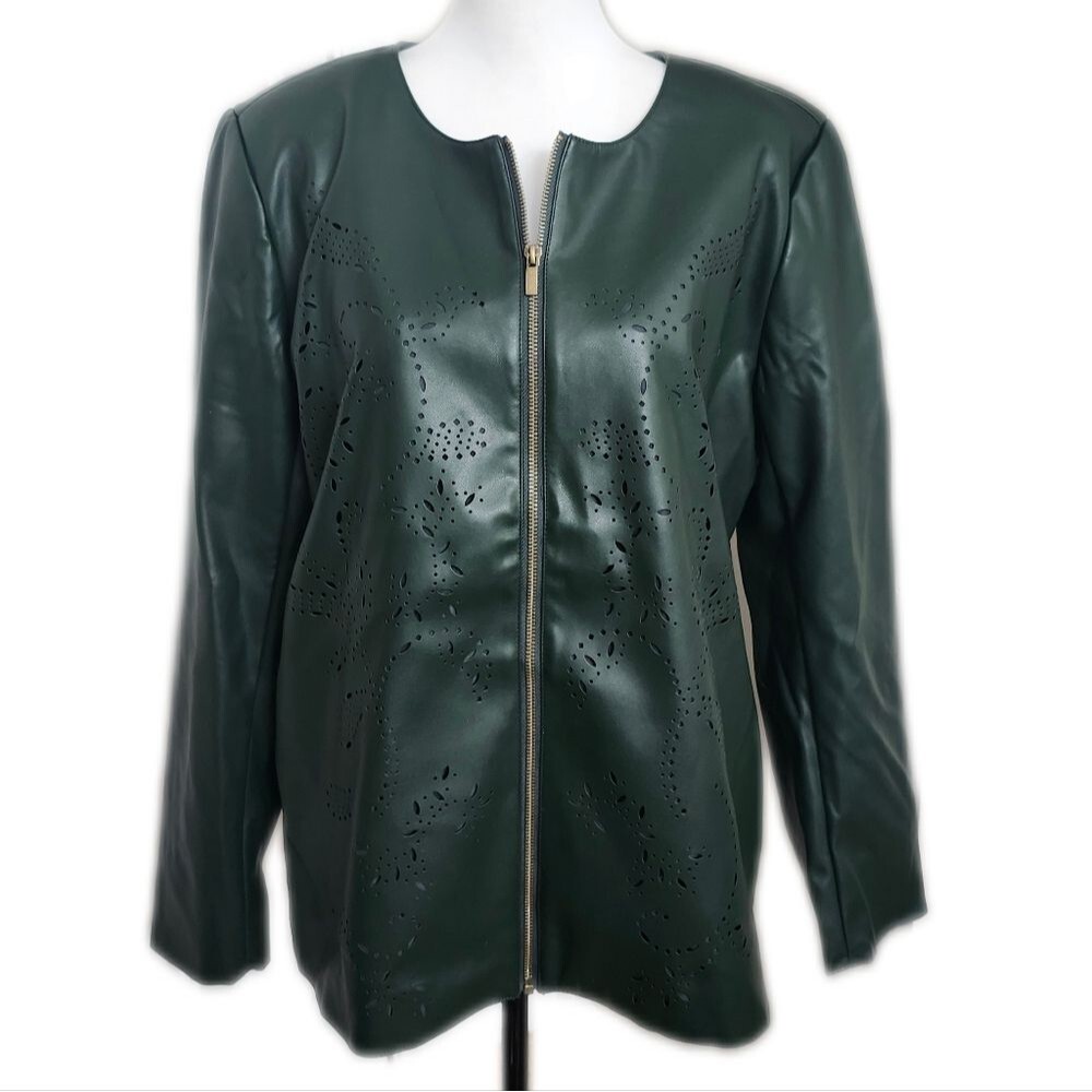 Graver By Susan Graver Faux Leather Forest Green Zip Up Jacket, L